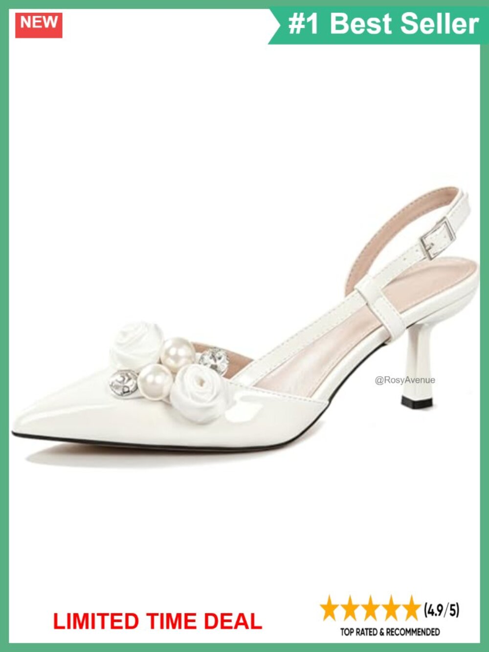 Pearl Flower Slingback Kitten Heels Pointed Toe Buckle Strap Dress Pumps
